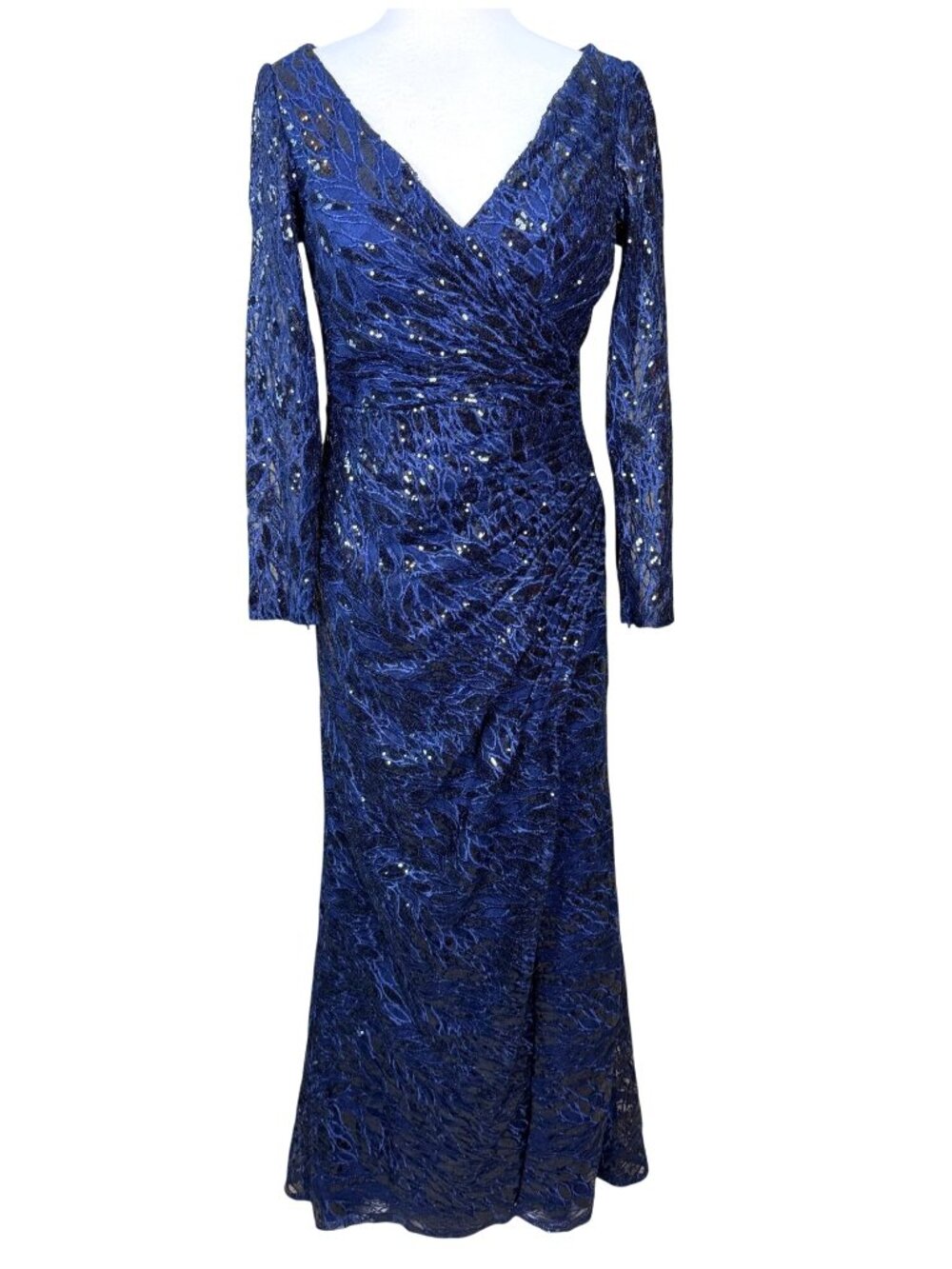 MacDuggal Long Sleeve Sequined Navy V-Neck Ruched Evening Gown Size 10